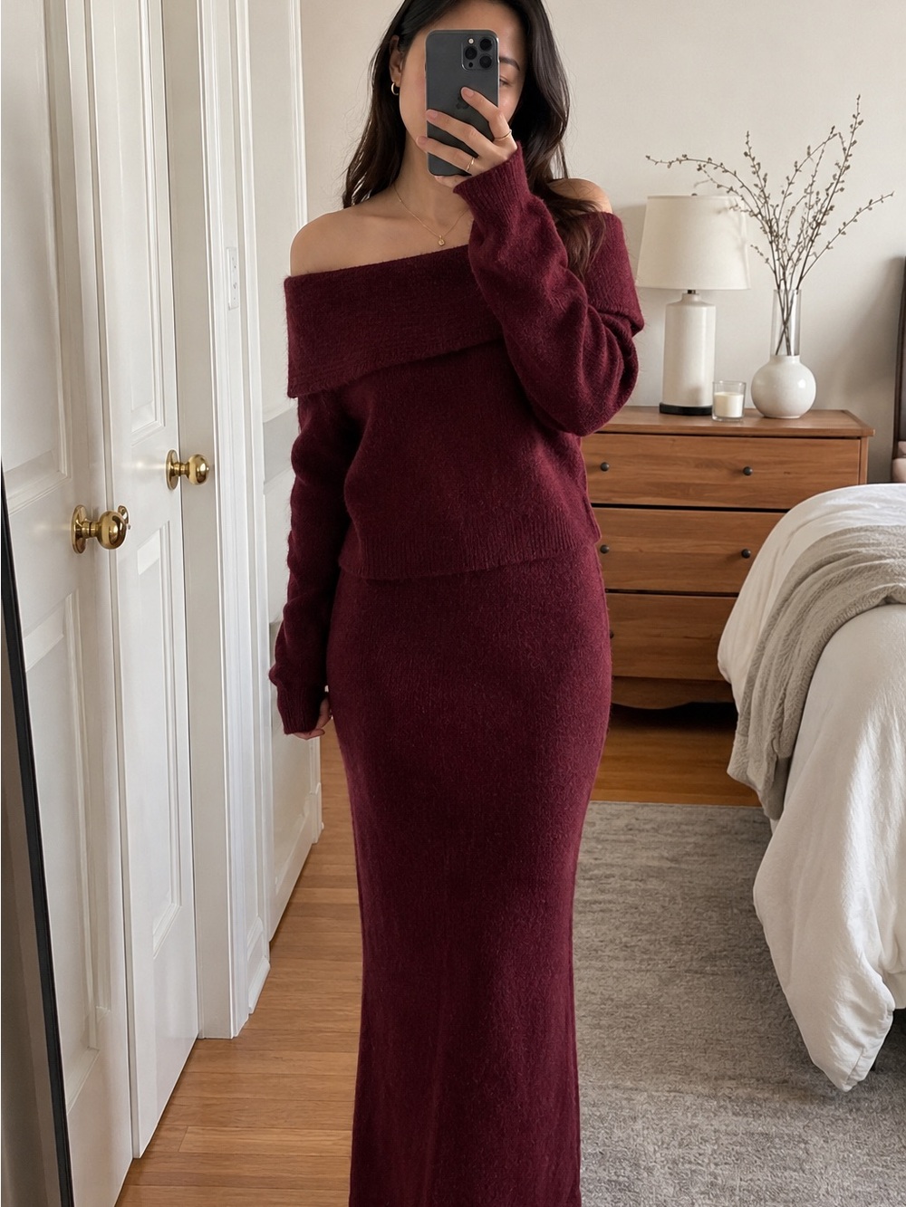 MESHKI Charlotte Knit Maxi Skirt With Overlay – Merlot – XS